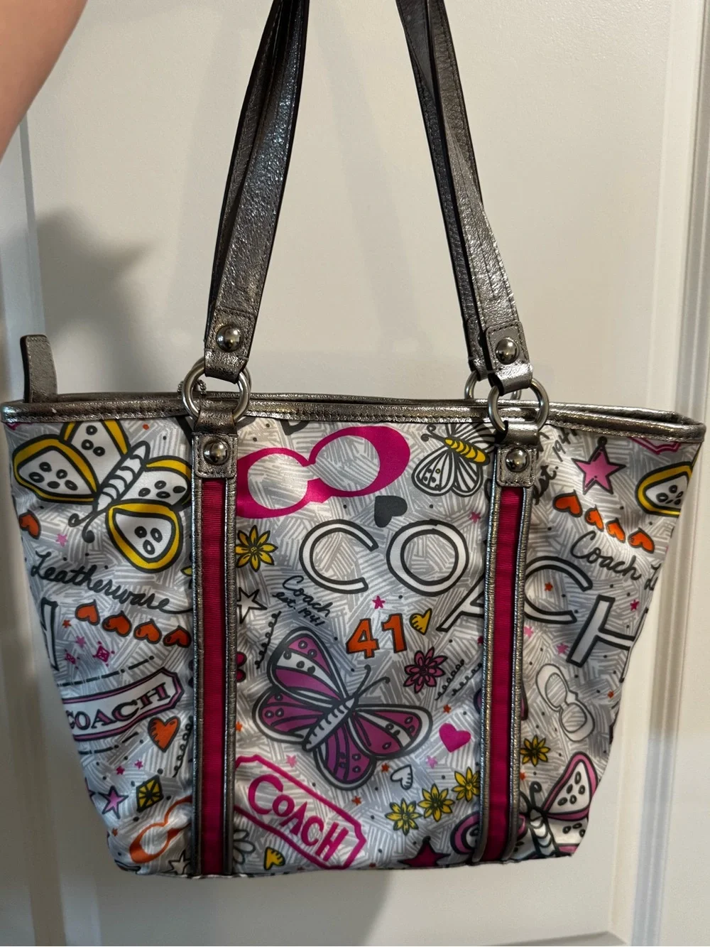 Coach Poppy Metallic Silver Tote with Pink Accent and Butterfly Print
